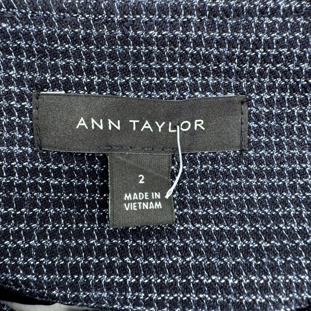 Ann Taylor Peplum Blazer Women 2 Navy Blue Micro Check Collarless Button Jacket - Picture 3 of 7